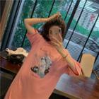 3/4-sleeve Printed Midi T-shirt Dress Pink - One Size