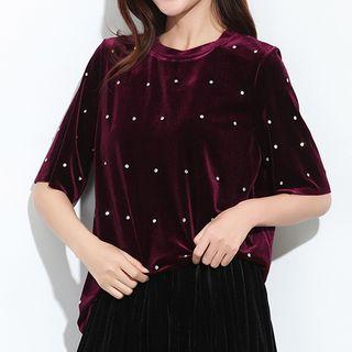 Rhinestone Elbow-sleeve T-shirt