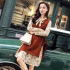 Set: Oversized Vest + Long-sleeve Floral Print Dress