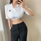 Elbow-sleeve Heart Embroidered Cropped Polo Shirt