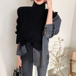 Mock Two Piece Button-up Striped Oversize Sweater