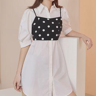 Set: Elbow-sleeve Shirt Dress + Dot Strappy Cropped Top