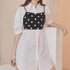 Set: Elbow-sleeve Shirt Dress + Dot Strappy Cropped Top