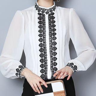 Lace Trim Mock-turtleneck Chiffon Blouse