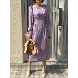 Tie-waist Pleated Long Patterned Dress