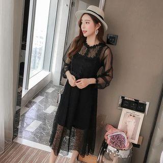 Set: Long-sleeve Midi Lace Dress + Strappy Dress