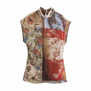 Color Block Floral Mesh Blouse