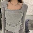 Long-sleeve Plain Ruffled-trim  Slit T-shirt