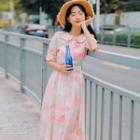 Printed Buttoned A-line Midi Dress