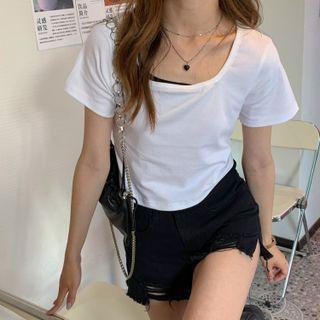 Short-sleeve Square-neck Mock Two-piece T-shirt