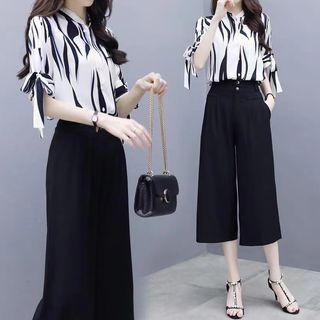 Set: Short-sleeve Zebra Print Blouse + Capri Wide Leg Pants