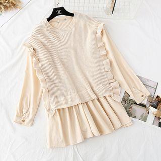 Frilled Trim Panel Knit Top / Slim-fit Pants