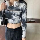 Cut-out Tie-dye Long-sleeve Cropped Top As Shown In Figure - One Size
