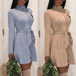 Long Sleeve Mock-neck Tie-waist Zip-up Dress