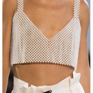 Faux Pearl Camisole Crop Top White - One Size