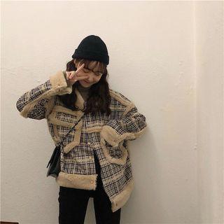 Furry Trim Plaid Buttoned Jacket As Shown In Figure - One Size