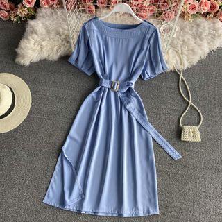 Plain Short-sleeve Slit Dress With Belt