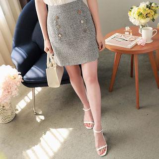 Buttoned Tweed Mini A-line Skirt
