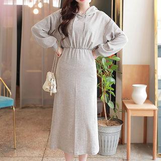 Gathered-waist H-line Long Hoodie Dress