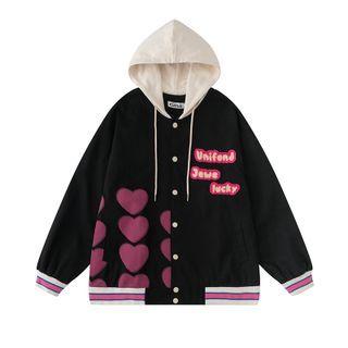 Heart Print Hooded Baseball Jacket