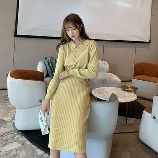 Collared Buttoned A-line Rib Knit Dress