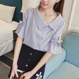 Striped Bell Elbow-sleeve Blouse