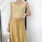 Plaid Sleeveless Buttoned Top / Lace-up A-line Midi Skirt