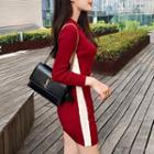Long-sleeve Collared Mini Bodycon Knit Dress Wine Red - One Size