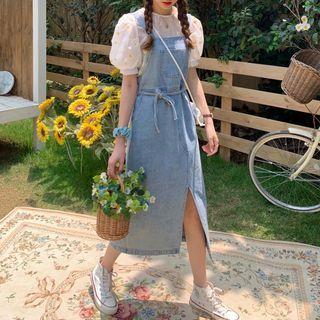 Slit-front Lace-up Denim Jumper Dress