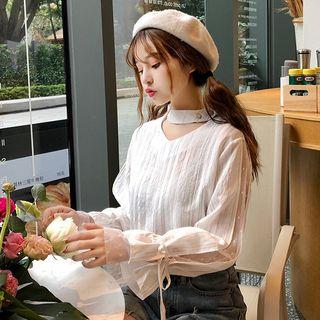 Mesh Panel Pinstriped Blouse