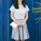 Short-sleeve Striped T-shirt / Midi A-line Skirt / Set