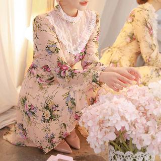 Frilled Lace-panel Mini Floral Dress Peach - One Size
