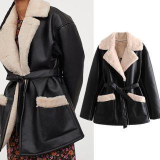 Oversized Tie-waist Fleece Collar Coat