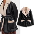 Oversized Tie-waist Fleece Collar Coat