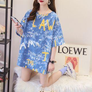 Elbow-sleeve Lettering Tie-dye Print T-shirt