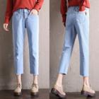 Elastic Waist Cropped Straight Cut Jeans