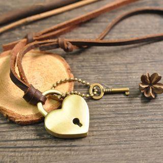 Heart Lock Pendant Necklace Brown - One Size