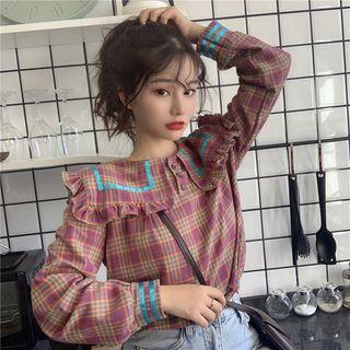 Doll Collar Plaid Long-sleeved Shirt
