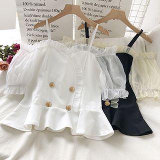 Lace Panel Puff-sleeve Spaghetti Strap Top