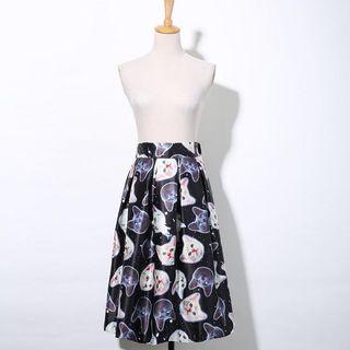 Cat-print Pleated A-line Skirt