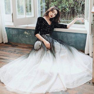Elbow-sleeve Sequined Ombre A-line Evening Gown