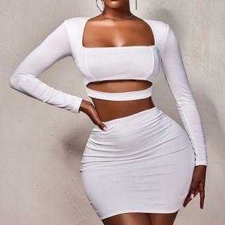 Set Of 2: Long-sleeve Cutout Crop Top + Skirt