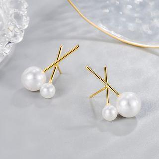 Faux Pearl Cross Alloy Earring 1 Pair - Stud Earring - Gold - One Size