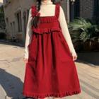 Long-sleeve Mock-neck Top / Pleated Midi A-line Overall Dress