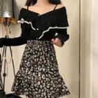 V-neck Ruffle Cardigan / Leopard Print A-line Mini Skirt