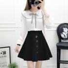 Set: Bow-accent Collared Blouse + A-line Skirt