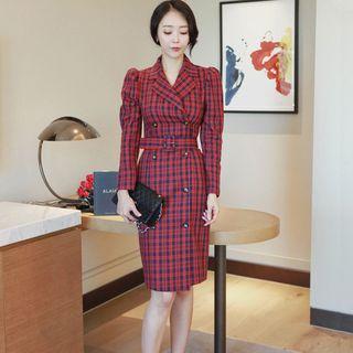 Long-sleeve Double-breasted Plaid Dress