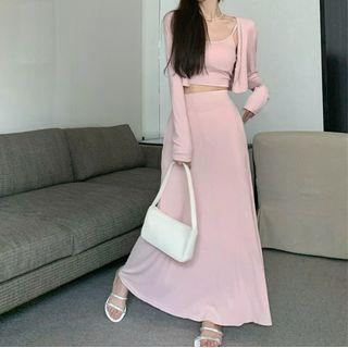 Plain Cardigan / Cropped Camisole Top / Maxi A-line Skirt
