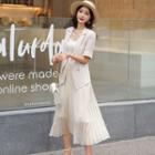 Set: Short-sleeve Double-breasted Blazer + Star Print Midi Chiffon Skirt