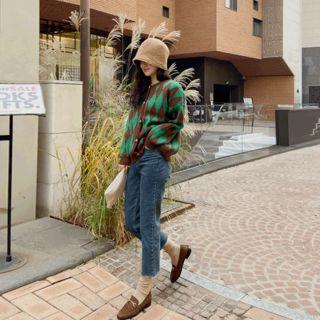 Drop-shoulder Patterned Cardigan Green - One Size